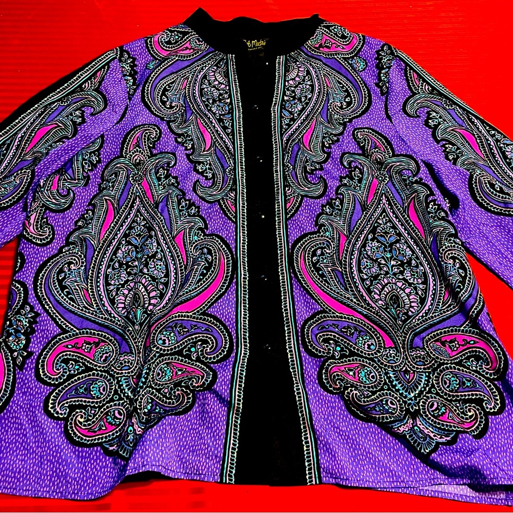 Pre-Owned Multicolor Bob Mackie Wearable Art Purple Paisley Long Sleeve Shirt